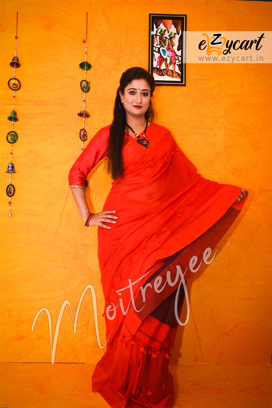 Moitreyee Red Coloured Khadi Body Pompom Saree