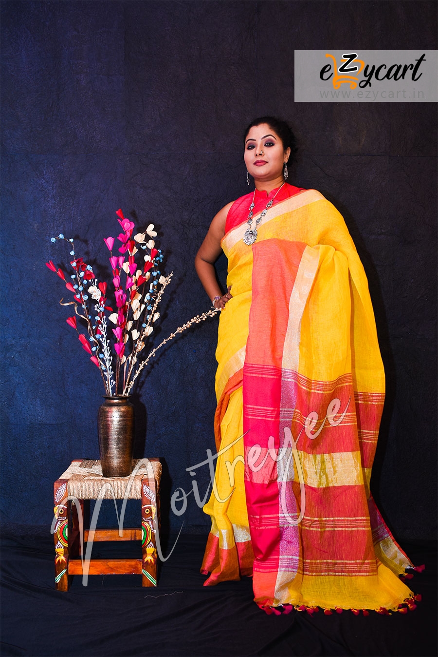 Moitreyee Yellow and Pink Mohapar Linen Saree