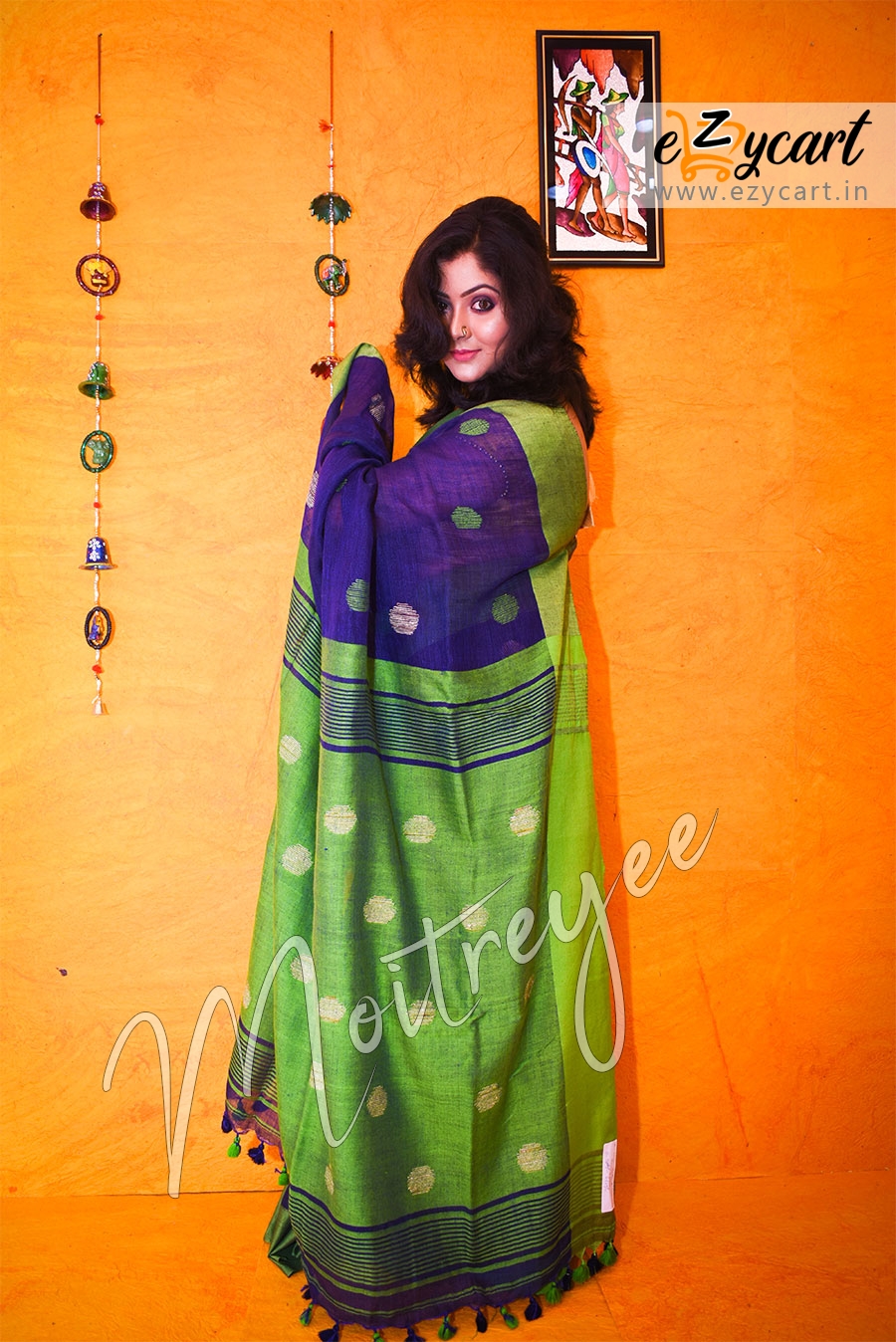 Moitreyee Nevy Blue and Green BallButi Linen