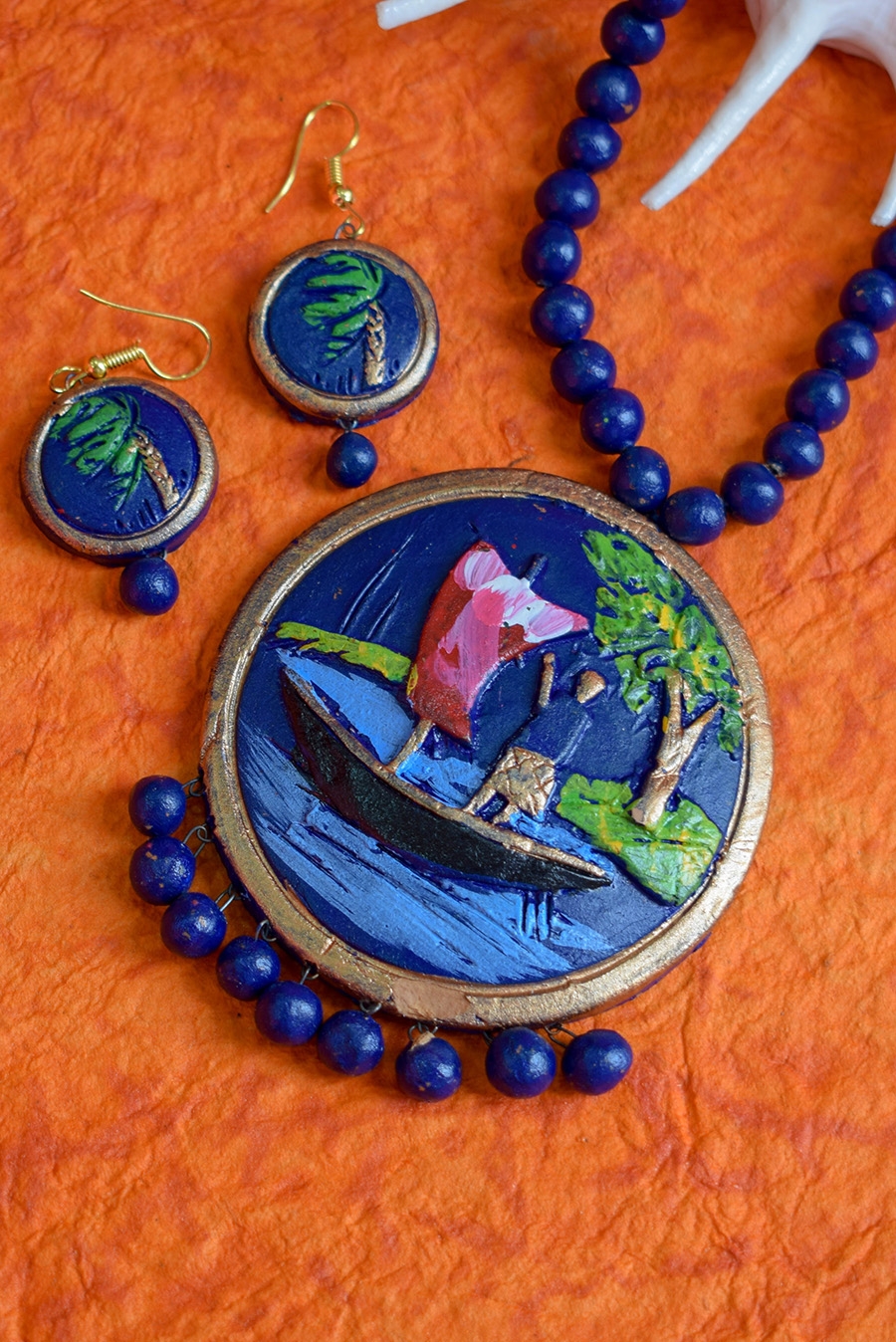Aabharana Navy Blue and Green Terracotta Handmade Necklace Set