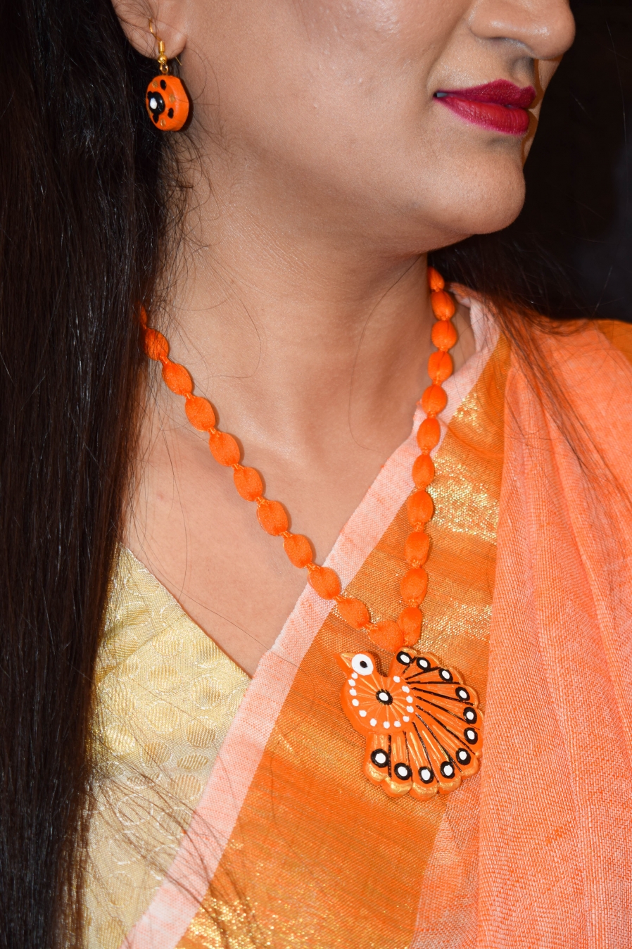 Aabharana Handmade Orange Colored Terracotta Necklace Set