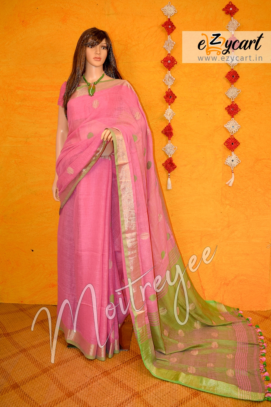 Moitreyee Lively Pink and Pistachio Green Linen Ballbuti Saree