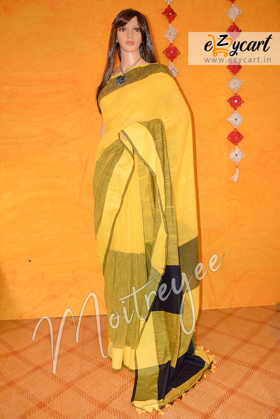 Moitreyee Yellow And Black Khadi Pompom  Saree