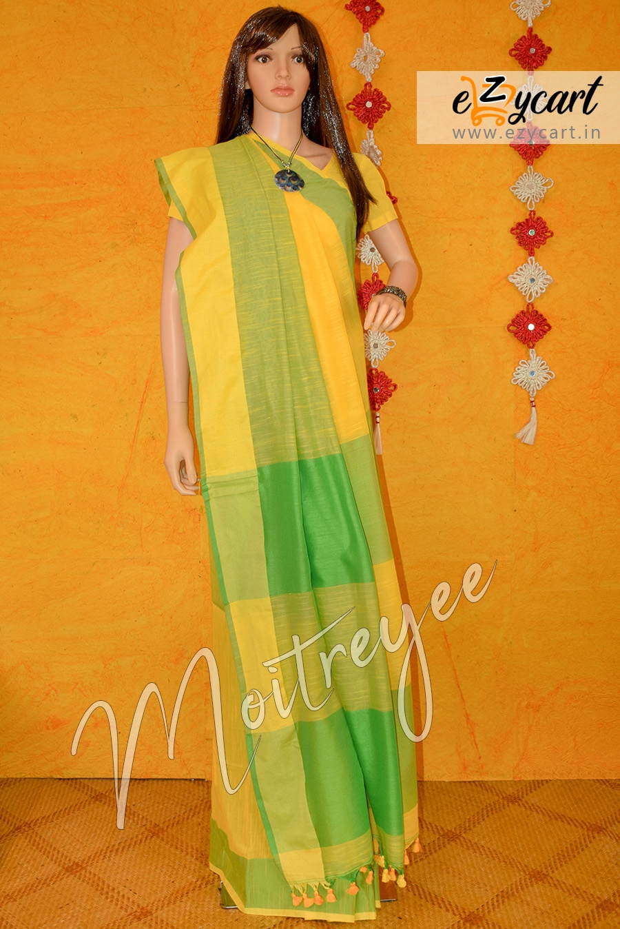 Moitreyee Sunny Yellow And Fresh Green Khadi Pompom  Saree