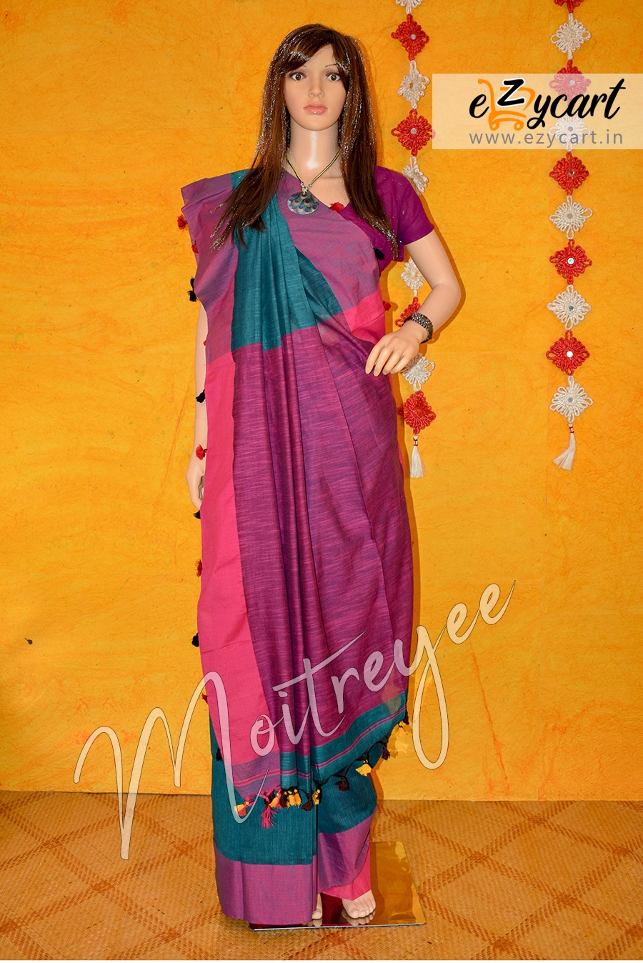 Moitreyee Purple And Sacramento Green Khadi Pompom  Saree