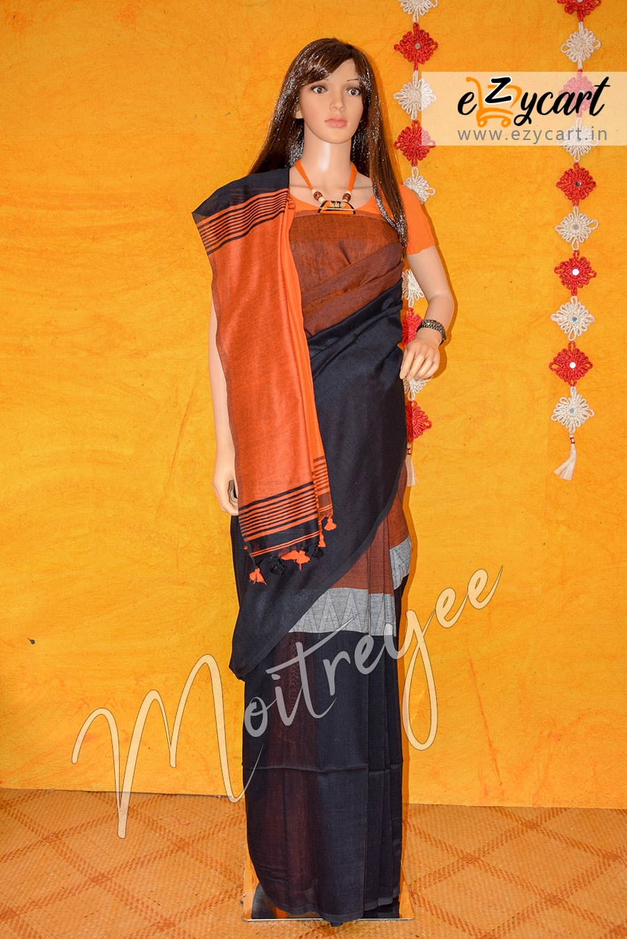 Moitreyee Black  And Orange Khadi Modhyamoni  Saree