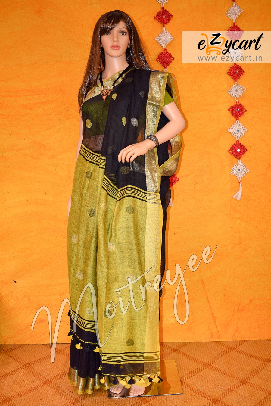 Moitreyee Black and Lime Green Linen Ballbuti Saree