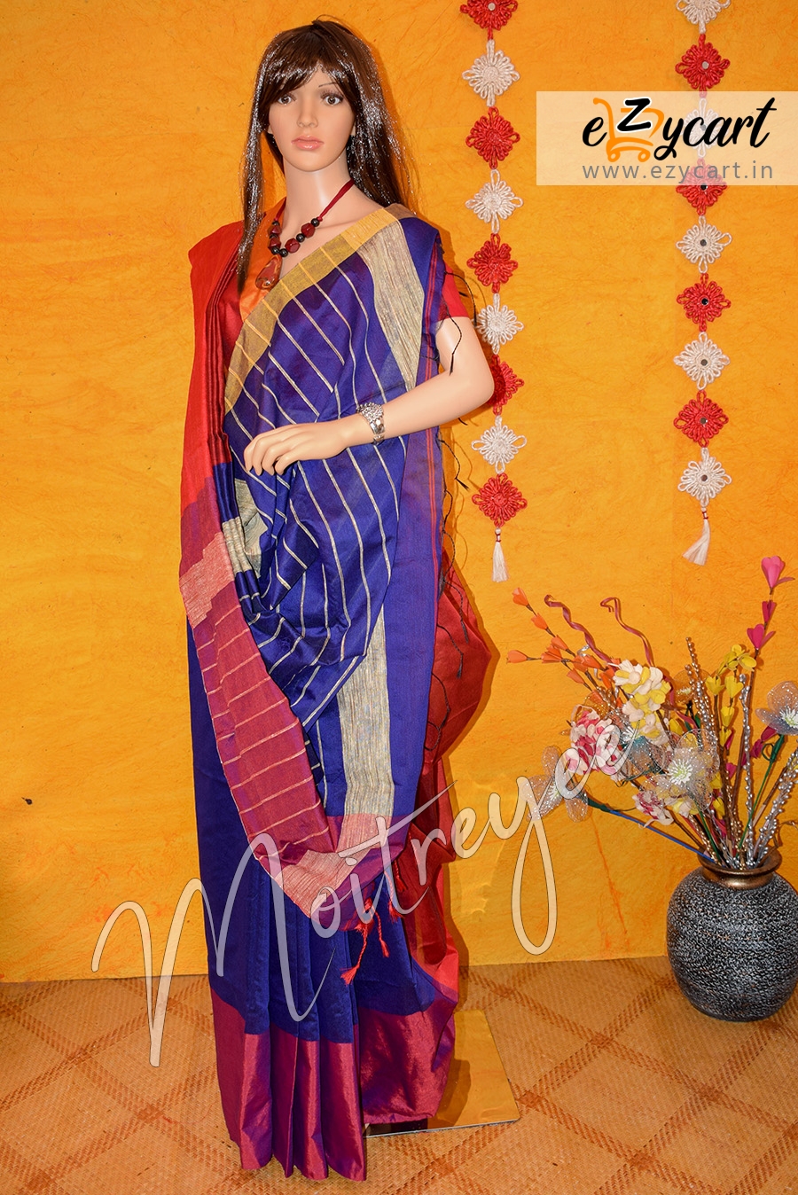 Moitreyee Royal Blue and Red Cotton Silk Mohapar Saree