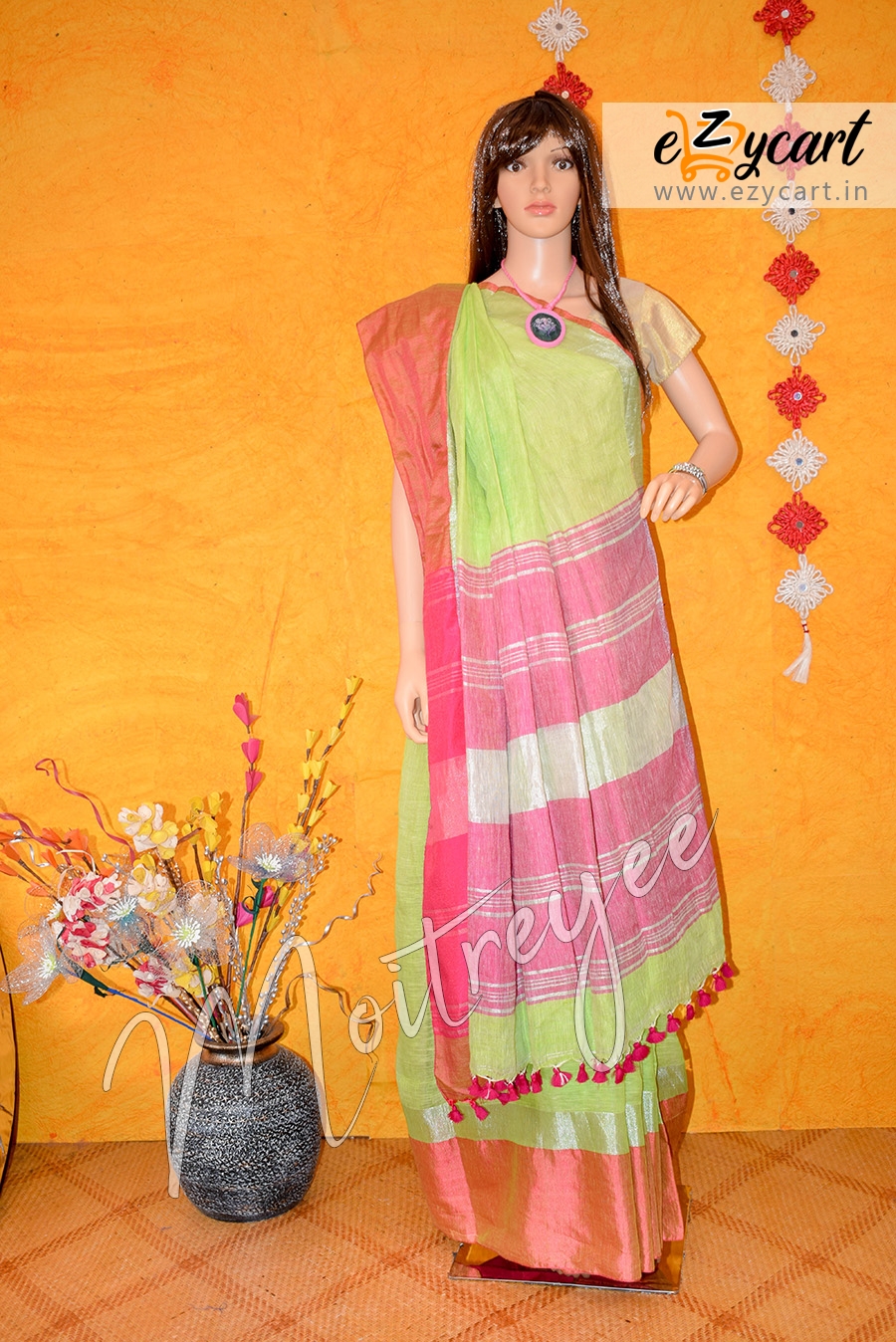 Moitreyee Lemon Green and Light Pink Linen Mohapar Saree