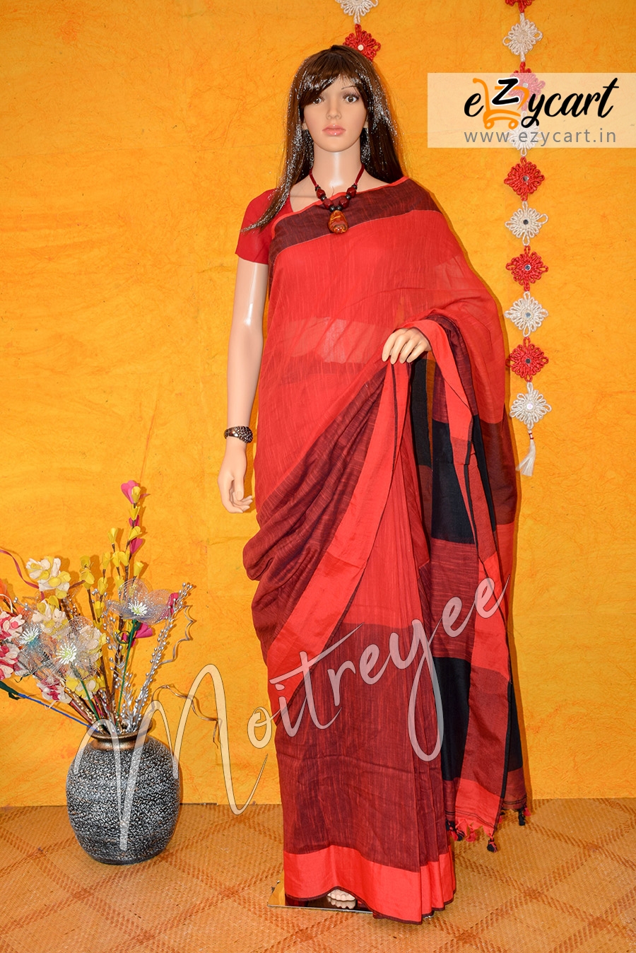 Moitreyee Bright Red and Black Khadi Pompom Saree