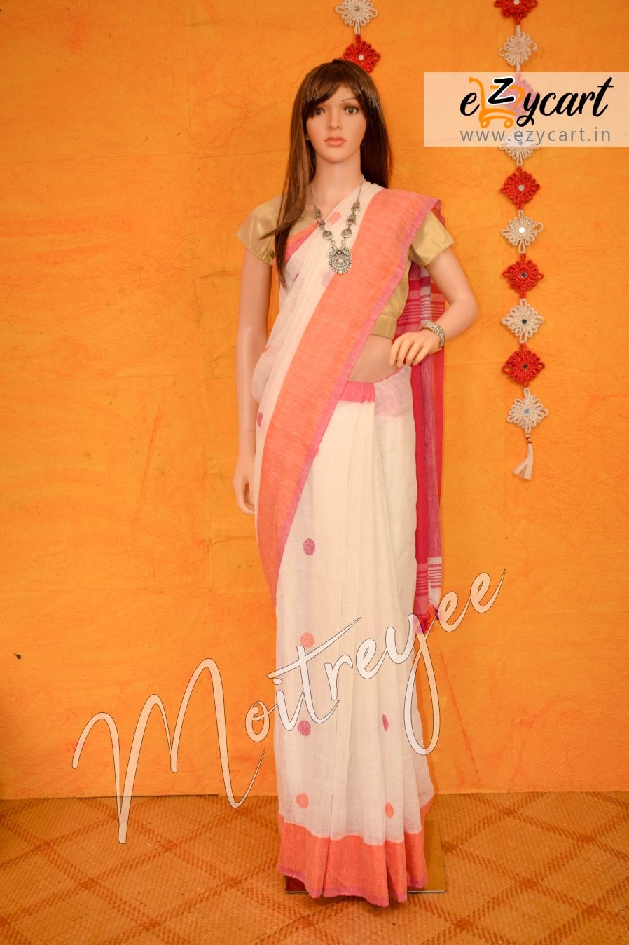 Moitreyee Ivory White And Pink Linen Ballbuti Saree