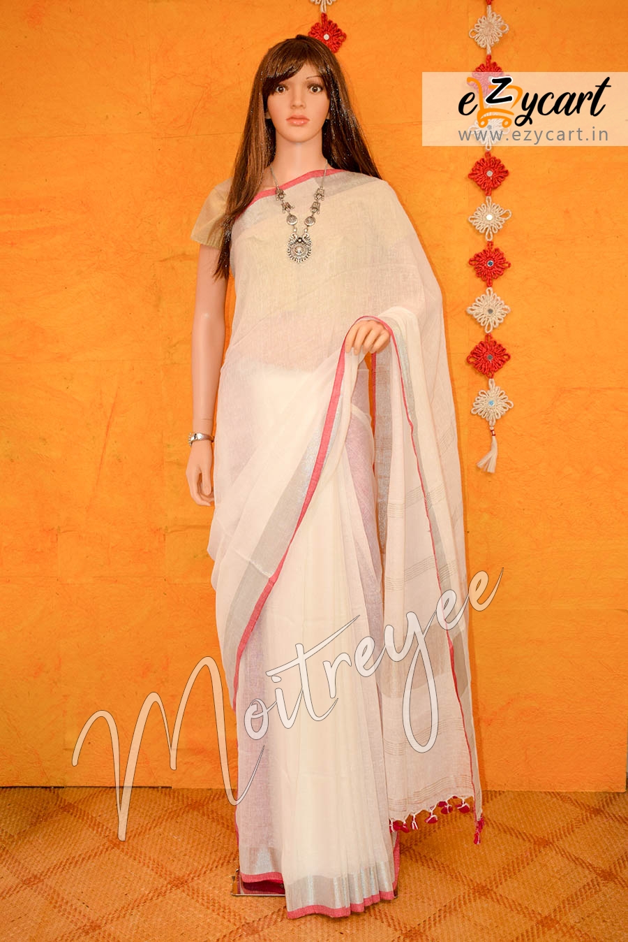 Moitreyee Ivory White Linen Joripar  Saree