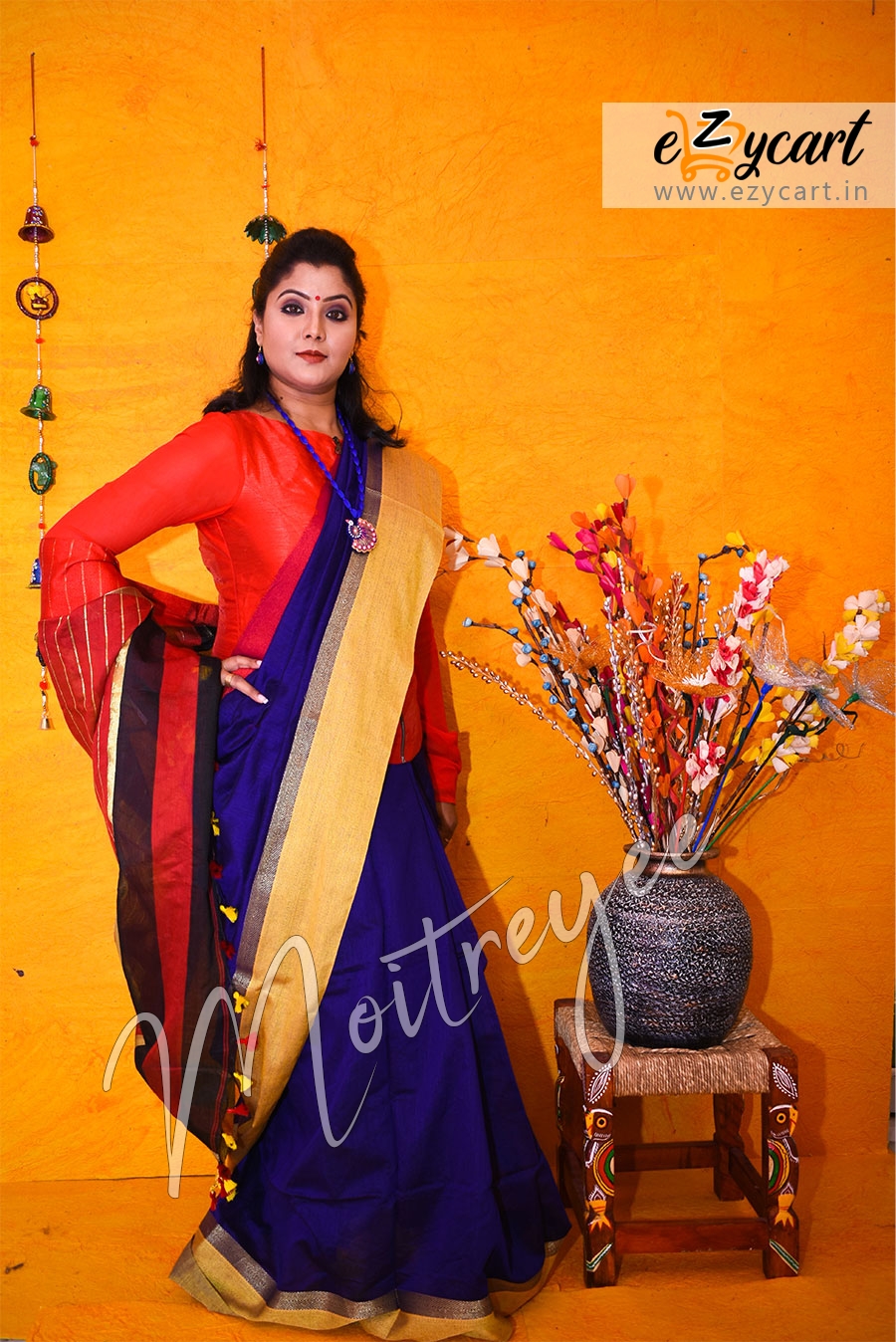 Moitreyee Navy Blue and Red Cotton Silk Maheswari Saree