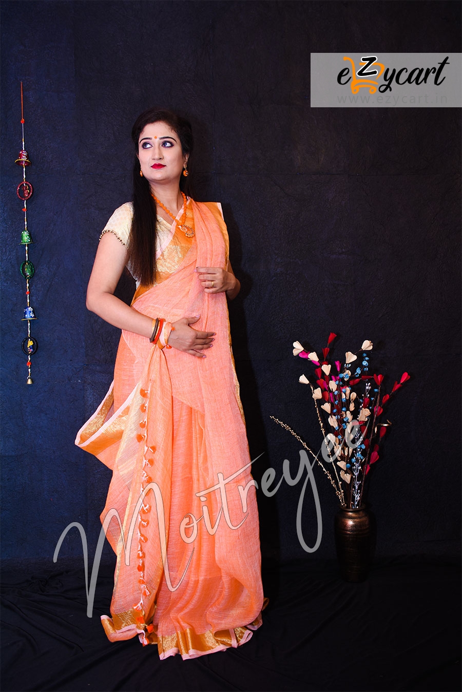 Moitreyee Burnt Orange Joripar Linen Saree