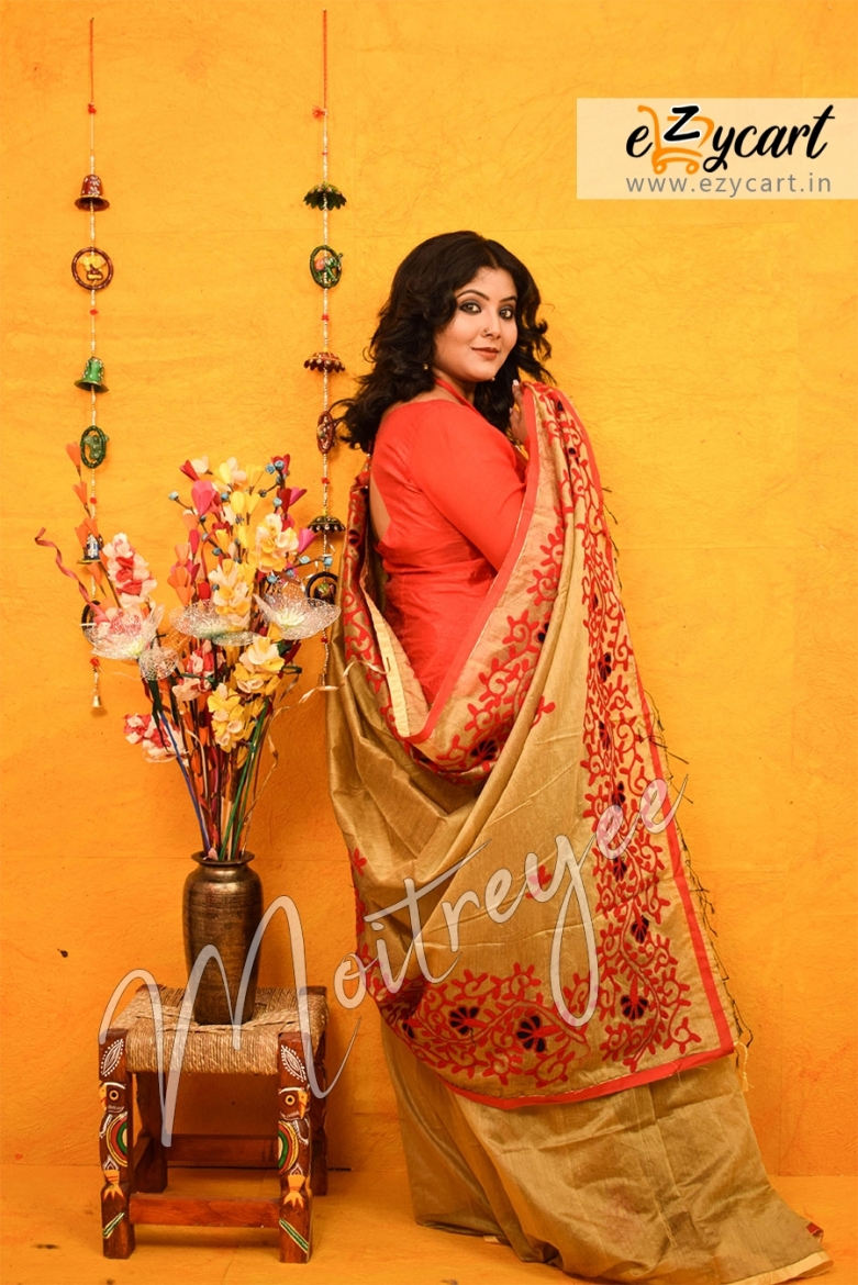 Moitreyee Golden Cotton Silk With Red Woolen Work
