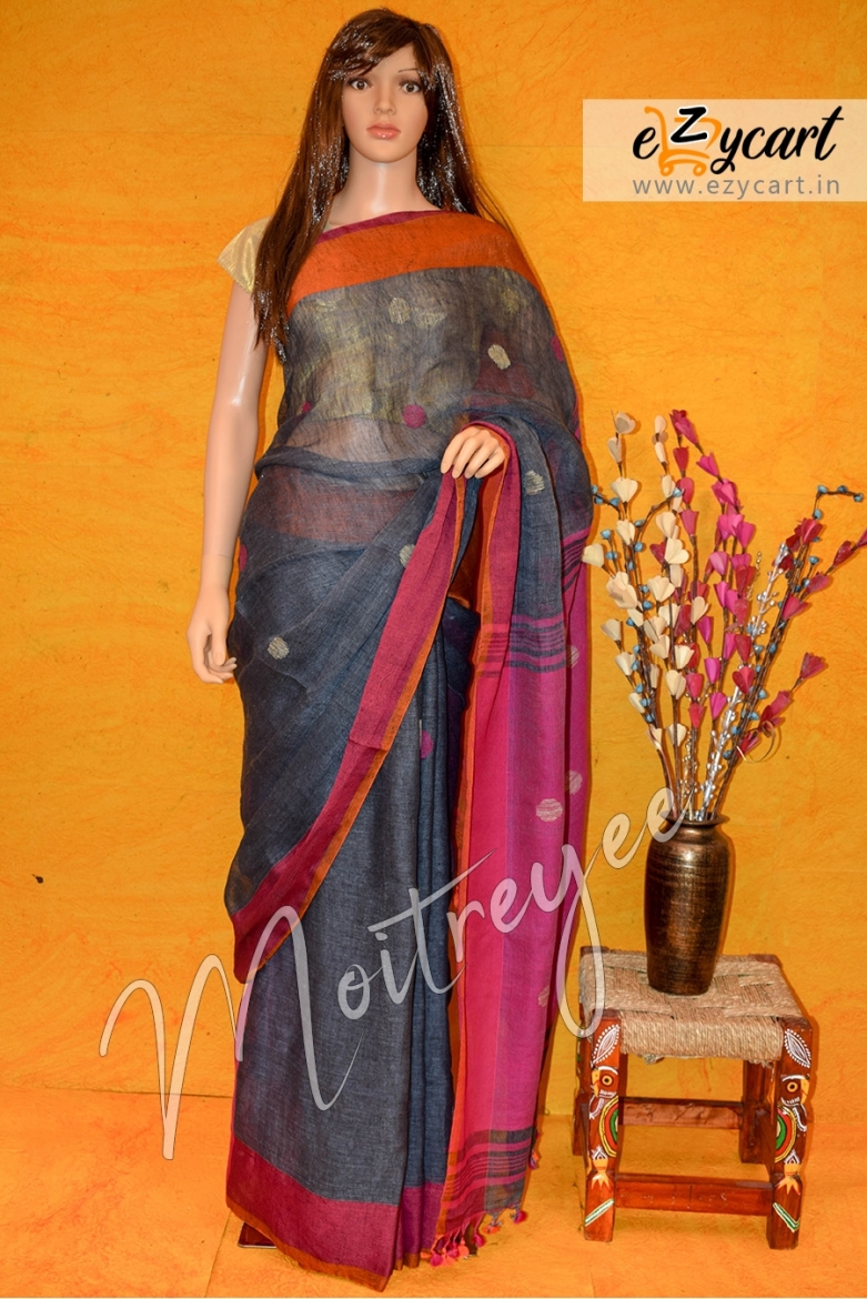 Moitreyee Majestic Pink and Grey Linen Ballbuti Saree