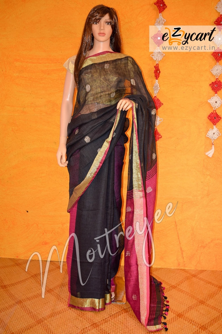 Moitreyee Majestic Pink and Black Linen Ballbuti Saree