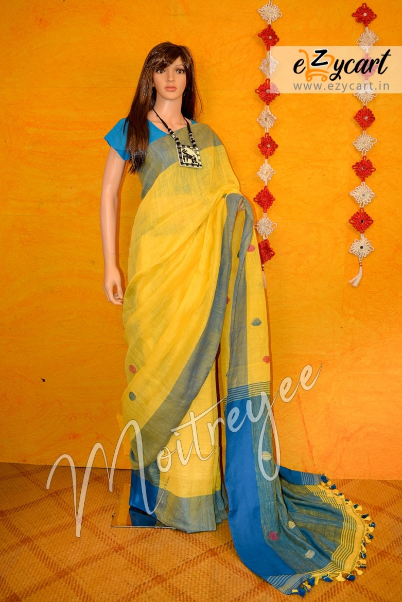 Moitreyee Bright Yellow and Light Blue Linen Ballbuti Saree