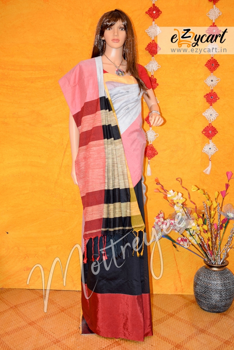 Moitreyee Black, Grey and Red Cotton Silk Mohapar Saree