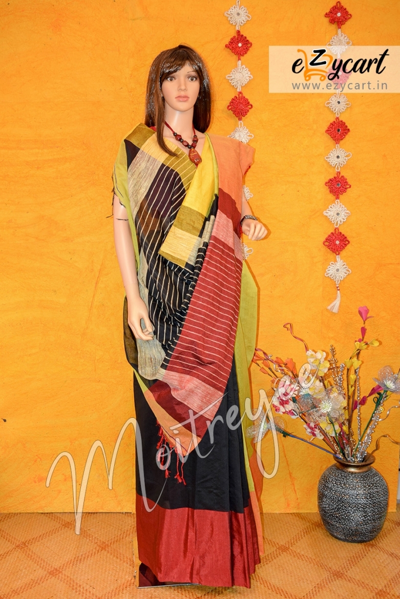 Moitreyee Black,Green and Red Cotton Silk Mohapar Saree
