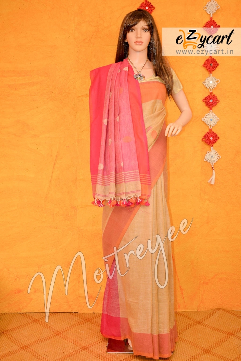 Moitreyee Sandalwood and Bright Pink Linen Ballbuti Saree