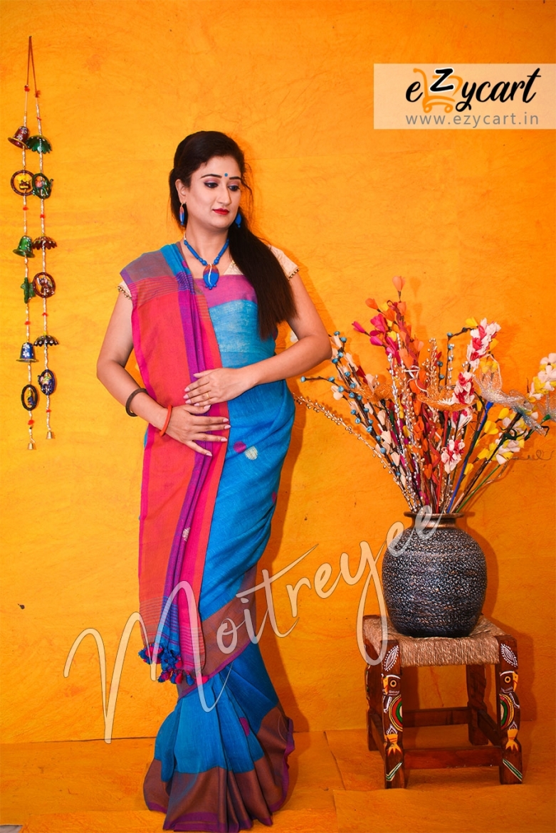 Moitreyee Purple Blue Linen Ballbuti Saree