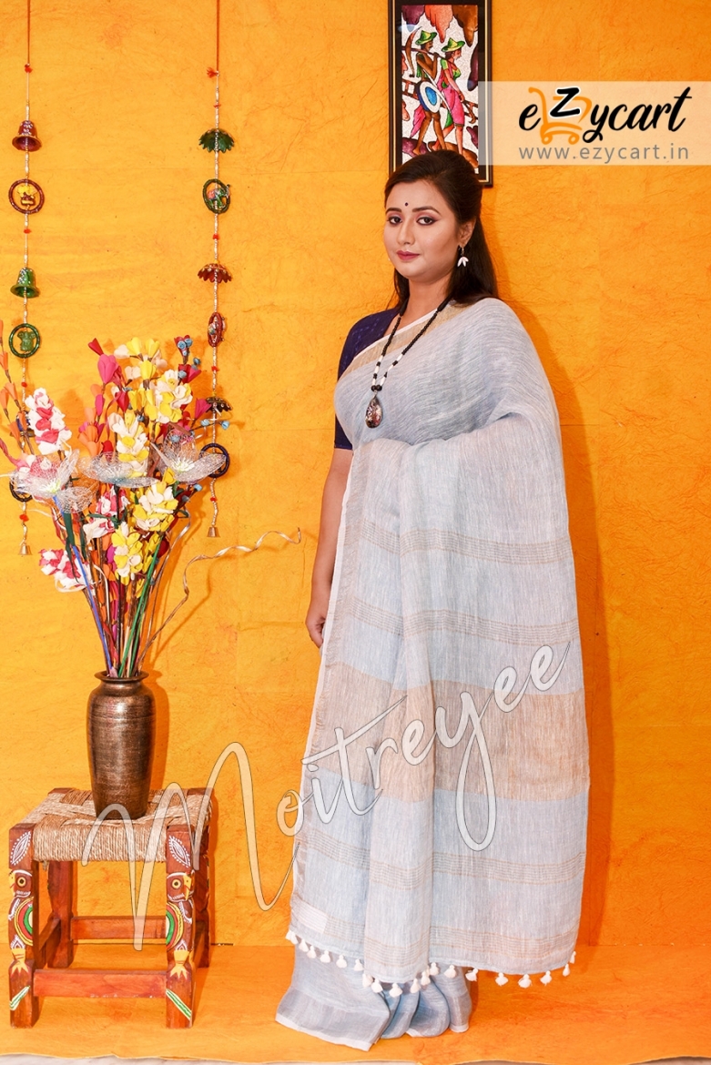 Moitreyee Light Blue Dual Tone Par Linen Saree